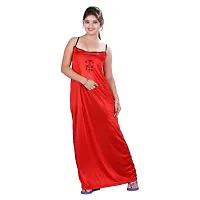 Elegant Red Satin Solid Nighty With Robe For Women-thumb2