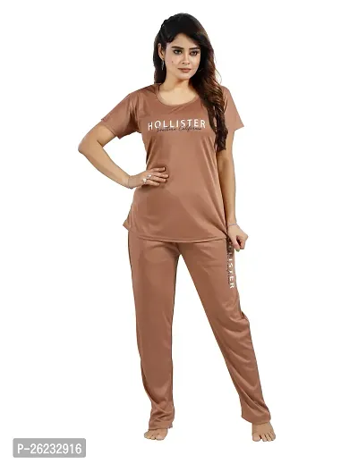 Stylish Beige Printed Cotton Blend Top  Pyjama Set For Women-thumb2