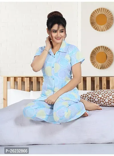 Stylish Blue Printed Cotton Blend Top  Pyjama Set For Women-thumb0