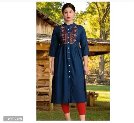 Stylish Navy Blue Embroidered Rayon A-Line Kurta For Women-thumb0