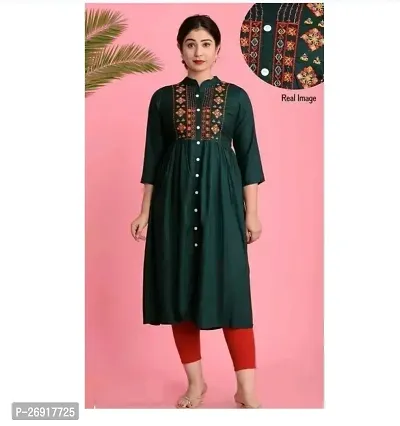 Stylish Green Embroidered Rayon A-Line Kurta For Women