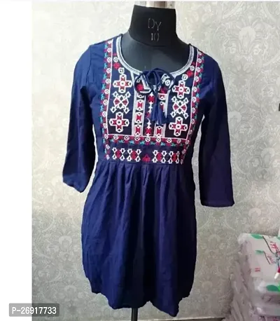 Stylish Navy Blue Embroidered Rayon A-Line Kurta For Women