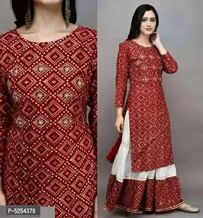Stunning Red Rayon Printed Kurta with Cotton Skirt For Women