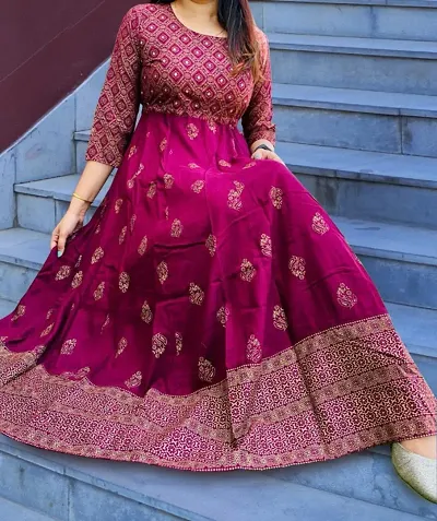 Women's Rayon Fabric Beautiful Block Anarkali Kurti