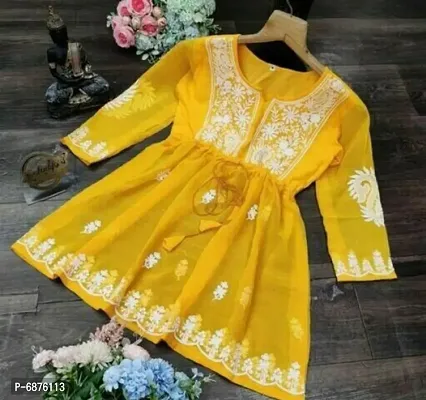 Yellow Georgette Embroidered Top For Women