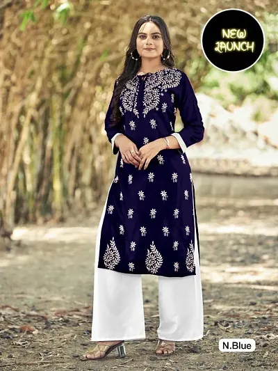 Kurtis Rayon Chikenkari Work Kurta With Bottom Set