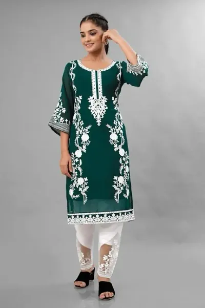 Stylish Georgette Straight Embroidery Kurta With Bottom Set