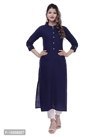 PCH Women Cotton Blend Pintuck Wooden Button Solid Straight Kurti Dark Blue XX-Large-thumb0