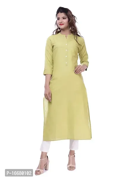 PCH Women Cotton Blend Pintuck Wooden Button Solid Straight Kurti Mehndi Medium