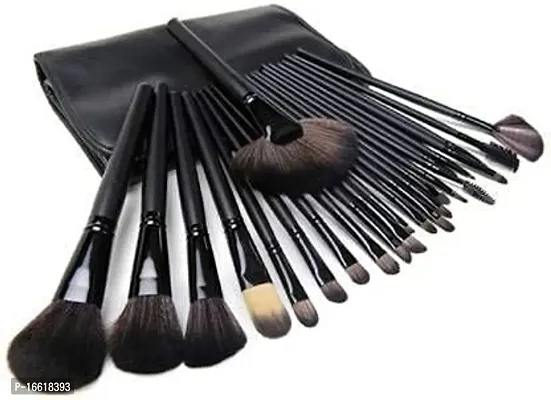 Regular Use Fiber Bristle Makeup Brush Set with Black Leather Case- , 24 Pieces (BLACK)-thumb0