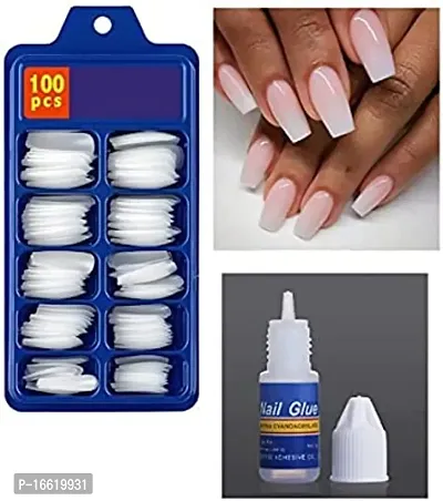 Nails Set Acrylic Fake false Nails Set Of 100 Pcs Artificial Nails With Nail Glue White (Pack of 101)