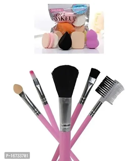 6in1 Makeup Sponge Beauty Blender Pack for Blending Face Makeup with 5 Pcs Pink MAkeup Brushes Set - (Pack of 11)