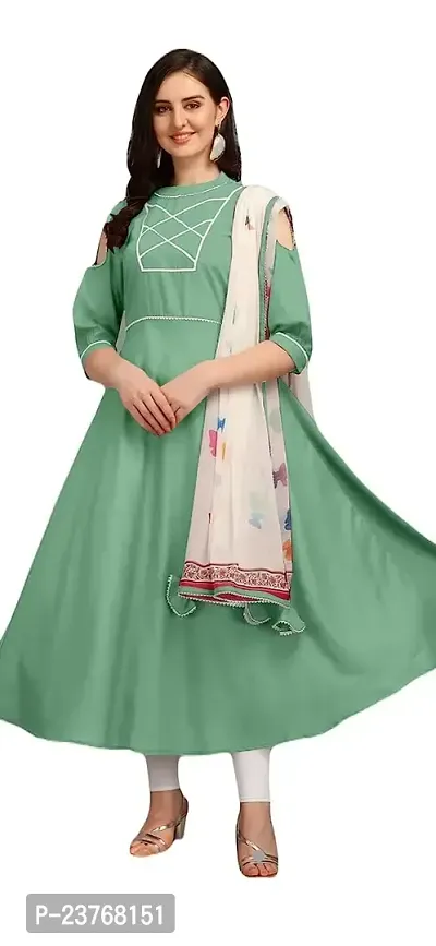 SWIBONA Women's Solid Cotton Rayon Blend Regular Fit 3/4 Sleeve Lightweight Casual Wear Anarkali Kurti Dupatta Set (K-S-168_Turqouise_XXXL))