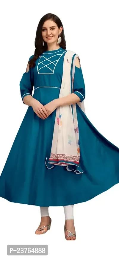 SWIBONA Women's Solid Cotton Rayon Blend Regular Fit 3/4 Sleeve Lightweight Casual Wear Anarkali Kurti Dupatta Set (K-S-270)