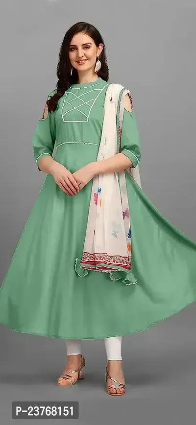 SWIBONA Women's Solid Cotton Rayon Blend Regular Fit 3/4 Sleeve Lightweight Casual Wear Anarkali Kurti Dupatta Set (K-S-168_Turqouise_XXXL))-thumb2