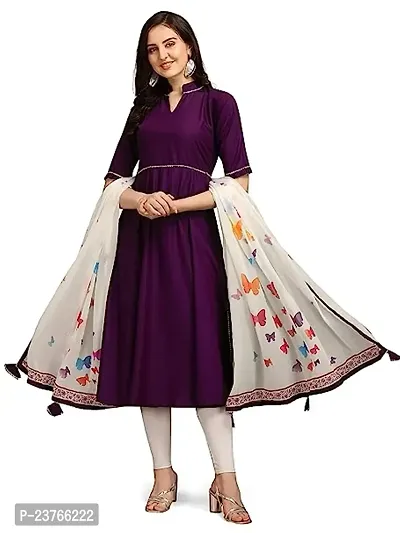 SWIBONA Women's Solid Cotton Rayon Blend Regular Fit Half Sleeve Lightweight Casual Wear Anarkali Kurti Dupatta Set (K-S-269)-thumb2