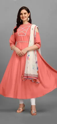 SWIBONA Women's Solid Cotton Rayon Blend Regular Fit 3/4 Sleeve Lightweight Casual Wear Anarkali Kurti Dupatta Set (K-S-111_Peach_Small)-thumb1