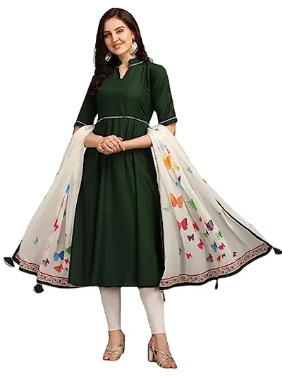 SWIBONA Women's Solid Rayon Blend Regular Fit Half Sleeve Lightweight Casual Wear Anarkali Kurti Dupatta Set (K-S-269)