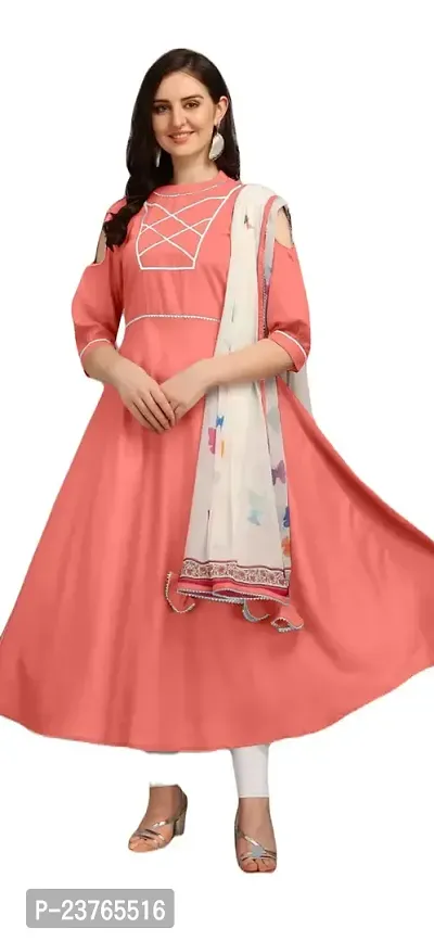 SWIBONA Women's Solid Cotton Rayon Blend Regular Fit 3/4 Sleeve Lightweight Casual Wear Anarkali Kurti Dupatta Set (K-S-111_Peach_Small)