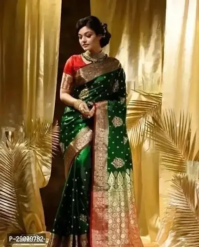 Elegant Green Satin Zari Banarasi Silk Saree with Blouse Piece for Women-thumb0