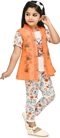 MEHZIN Girl's Cotton Blend Printed Casual Wear Top  Pant With Jacket (Orange  White, 2-3 Years)-thumb3