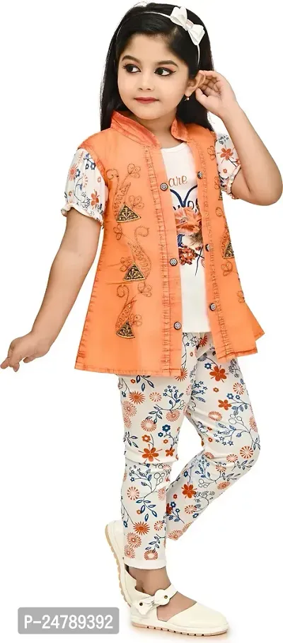 MEHZIN Girl's Cotton Blend Printed Casual Wear Top  Pant With Jacket (Orange  White, 2-3 Years)-thumb4