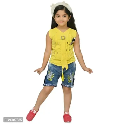 MEHZIN Girl's Cotton Silk Self Design::Printed Casual Wear Top  Shorts-thumb0