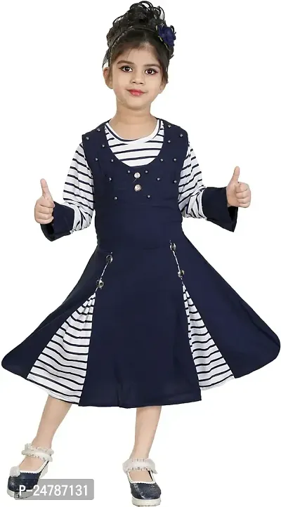 MEHZIN Girls Cotton Silk Calf Length Festive/Wedding Striped A- Line Dress (Blue::White, 11-12 Years)