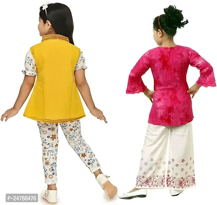 MEHZIN Girl's Polyester::Cotton Blend Text Print Casual Wear Top  Pant With Jacket And Top Trouser With Shrug (Pink,White  Yellow, 1-2 Years)-thumb2