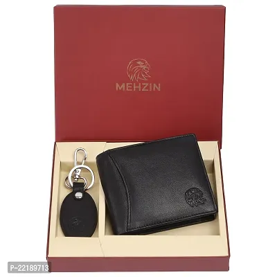 MEHZIN Men Formal Black Genuine Leather RFID Wallet With Key-Chain Combo Set (9 Card Slots)-thumb0