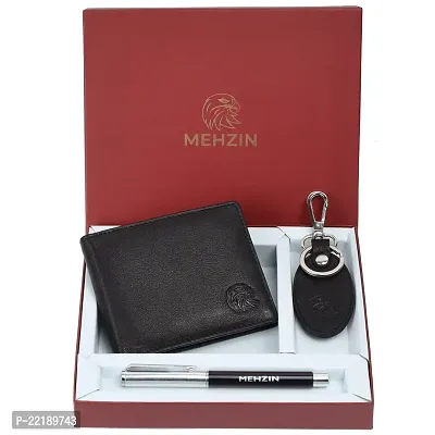 MEHZIN Men Formal Black Genuine Leather RFID Wallet With Pen  Key-Chain Combo Set (3 Card Slots)-thumb0