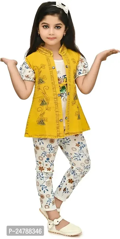 MEHZIN Girl's Cotton Blend Printed Casual Wear Top  Pant With Jacket (Yellow  White, 3-4 Years)