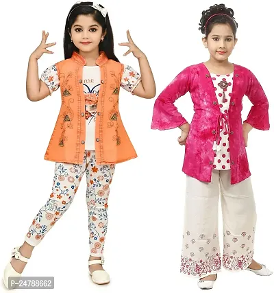 MEHZIN Girl's Polyester::Cotton Blend Text Print Casual Wear Top  Pant With Jacket And Top Trouser With Shrug (Pink,White  Orange, 2-3 Years)