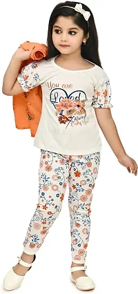 MEHZIN Girl's Cotton Blend Printed Casual Wear Top  Pant With Jacket (Orange  White, 2-3 Years)-thumb2