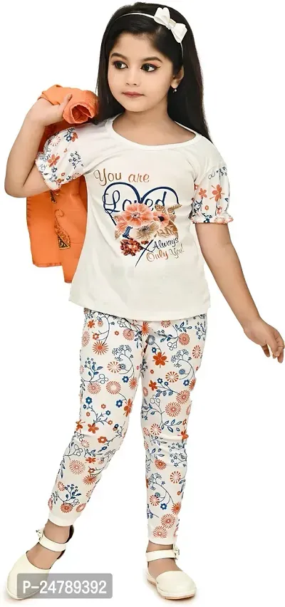 MEHZIN Girl's Cotton Blend Printed Casual Wear Top  Pant With Jacket (Orange  White, 2-3 Years)-thumb3