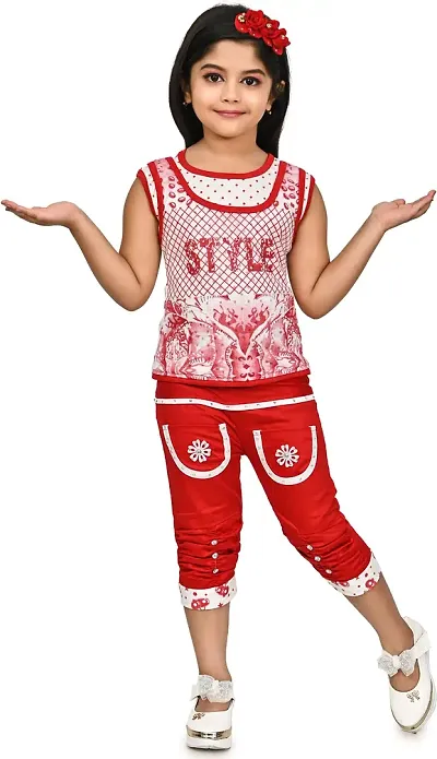 MEHZIN Girl's Cotton Blend Printed Top & Three Fourth Pant Set