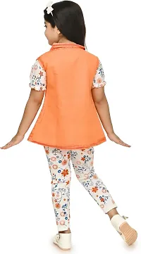 MEHZIN Girl's Cotton Blend Printed Casual Wear Top  Pant With Jacket (Orange  White, 2-3 Years)-thumb1