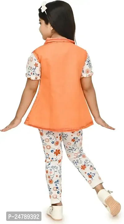 MEHZIN Girl's Cotton Blend Printed Casual Wear Top  Pant With Jacket (Orange  White, 2-3 Years)-thumb2