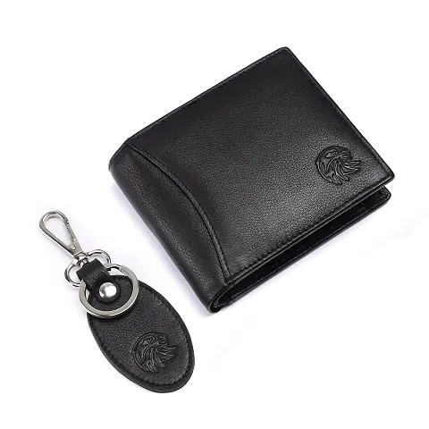 MEHZIN Men Solid Black Genuine Leather Wallet with Key Chain (9 Card Slots)