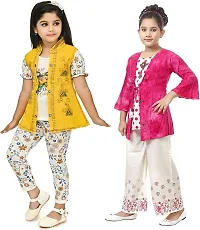 MEHZIN Girl's Polyester::Cotton Blend Text Print Casual Wear Top  Pant With Jacket And Top Trouser With Shrug (Pink,White  Yellow, 1-2 Years)-thumb2