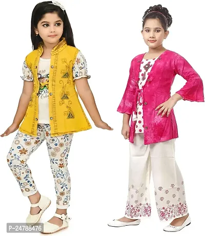 MEHZIN Girl's Polyester::Cotton Blend Text Print Casual Wear Top  Pant With Jacket And Top Trouser With Shrug (Pink,White  Yellow, 1-2 Years)-thumb3