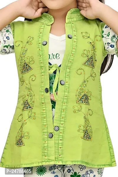 MEHZIN Girl's Cotton Blend Printed Casual Wear Top  Pant With Jacket (Green  White, 1-2 Years)-thumb5