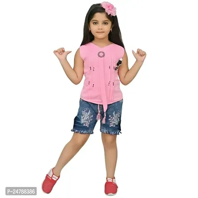 MEHZIN Girl's Cotton Silk Self Design::Printed Casual Wear Top  Shorts-thumb0