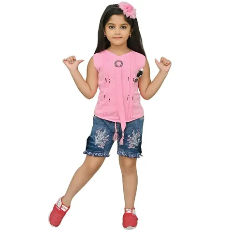 MEHZIN Girl's Silk Self Design::Printed Casual Wear Top Shorts