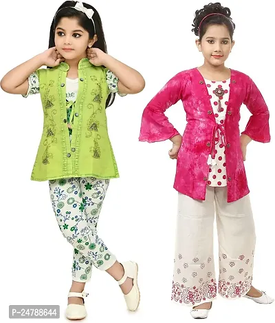 MEHZIN Girl's Polyester::Cotton Blend Text Print Casual Wear Top  Pant With Jacket And Top Trouser With Shrug (Pink,White  Green, 3-4 Years)