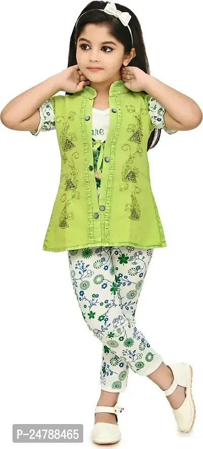 MEHZIN Girl's Cotton Blend Printed Casual Wear Top  Pant With Jacket (Green  White, 1-2 Years)-thumb0