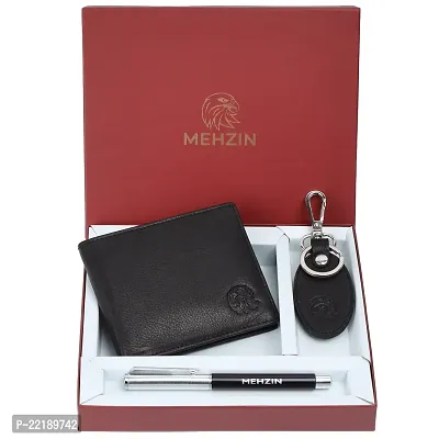 MEHZIN Men Formal Black Genuine Leather RFID Wallet With Pen  Key-Chain Combo Set (6 Card Slots)-thumb0