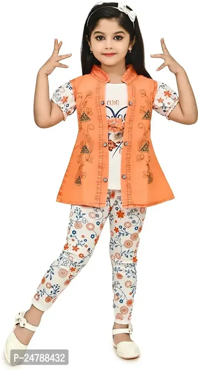 MEHZIN Girl's Cotton Blend Printed Casual Wear Top  Pant With Jacket (Orange  White, 3-4 Years)