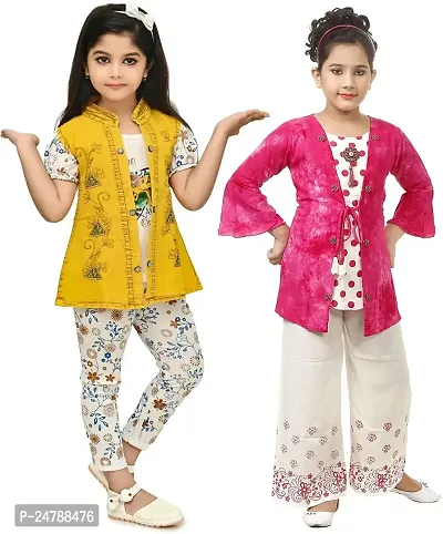 MEHZIN Girl's Polyester::Cotton Blend Text Print Casual Wear Top  Pant With Jacket And Top Trouser With Shrug (Pink,White  Yellow, 1-2 Years)-thumb0