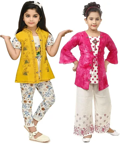 MEHZIN Girl's Polyester::Cotton Blend Text Print Casual Wear Top & Pant With Jacket And Top& Trouser With Shrug